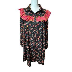 ASOS Dress Dramatic Ruffle Black Red Long Sleeve Collared Size 10 Retro Babydoll